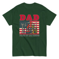 Green T-shirt with tools and American flag design.