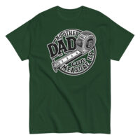 Green T-shirt with dad themed tape measure design.
