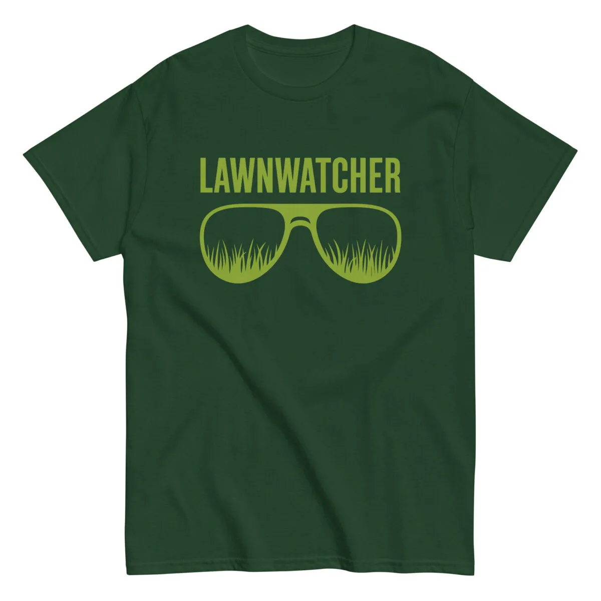 Green T-shirt with "LAWNWATCHER" and sunglasses graphic.