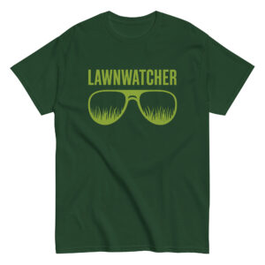 Green T-shirt with "LAWNWATCHER" and sunglasses graphic.