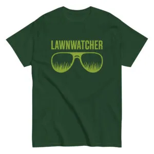 Green T-shirt with "LAWNWATCHER" and sunglasses graphic.