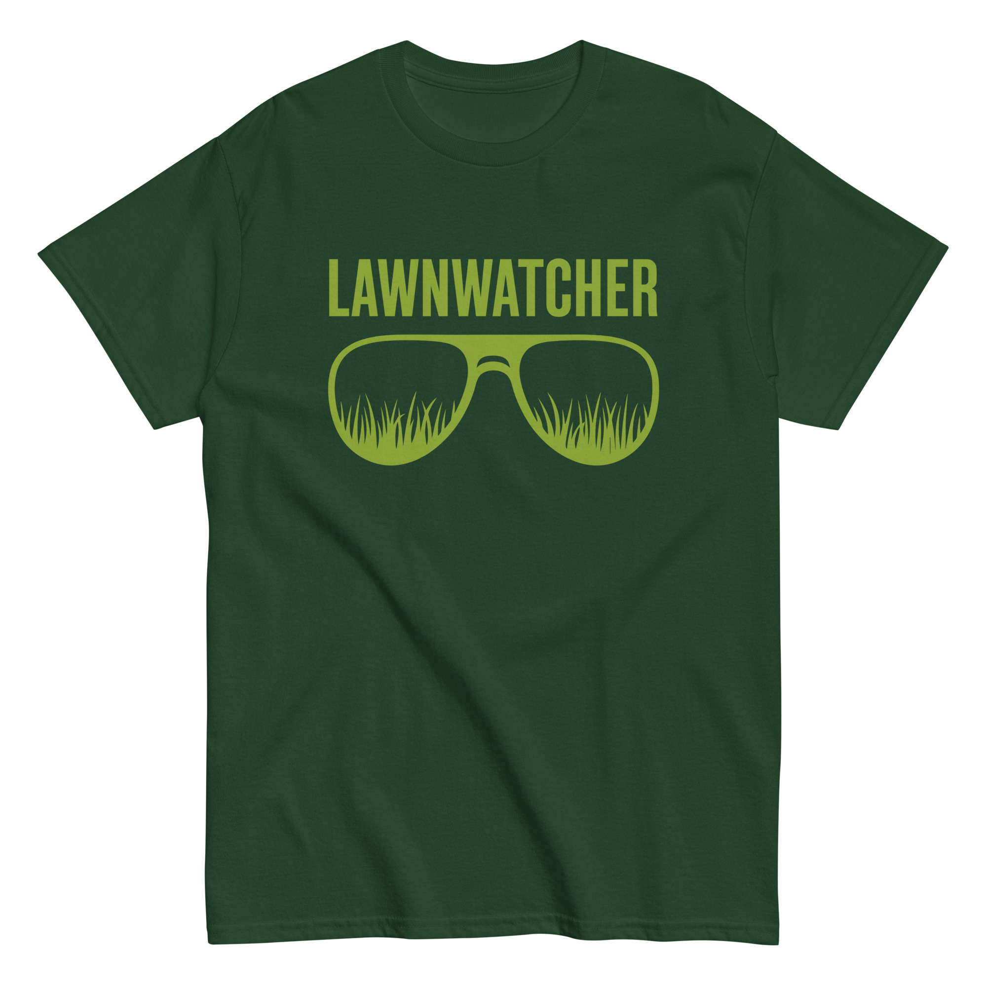 unisex-classic-tee-forest-green-front-68d6c0c5701fa.jpg Green T-shirt with "LAWNWATCHER" and sunglasses graphic.