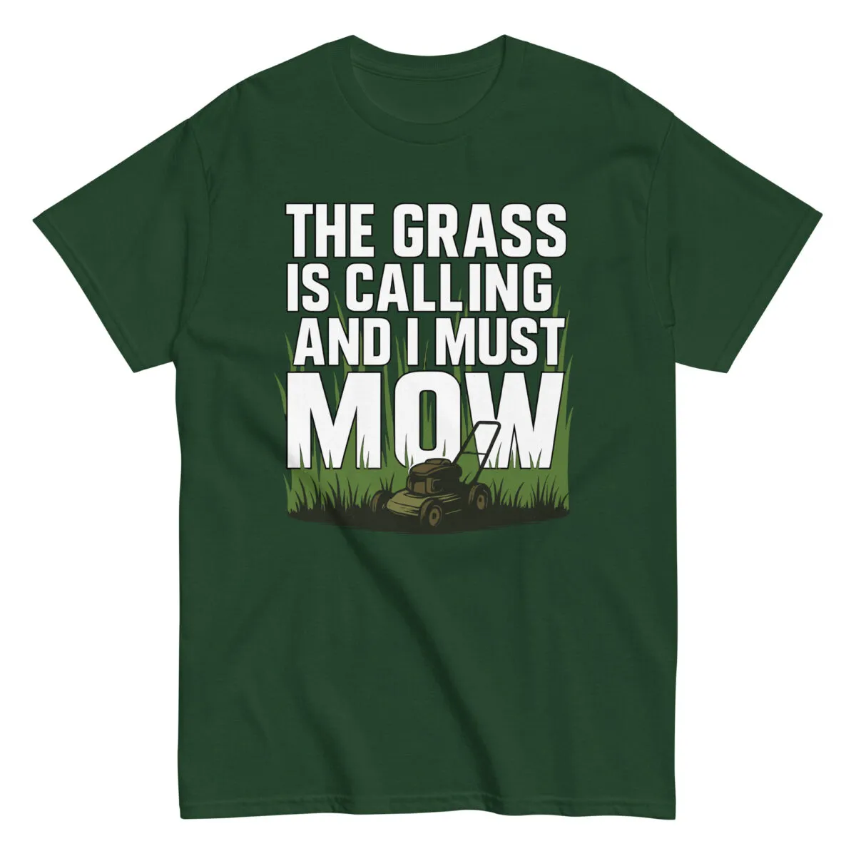 Green shirt with lawn mowing phrase and graphic.