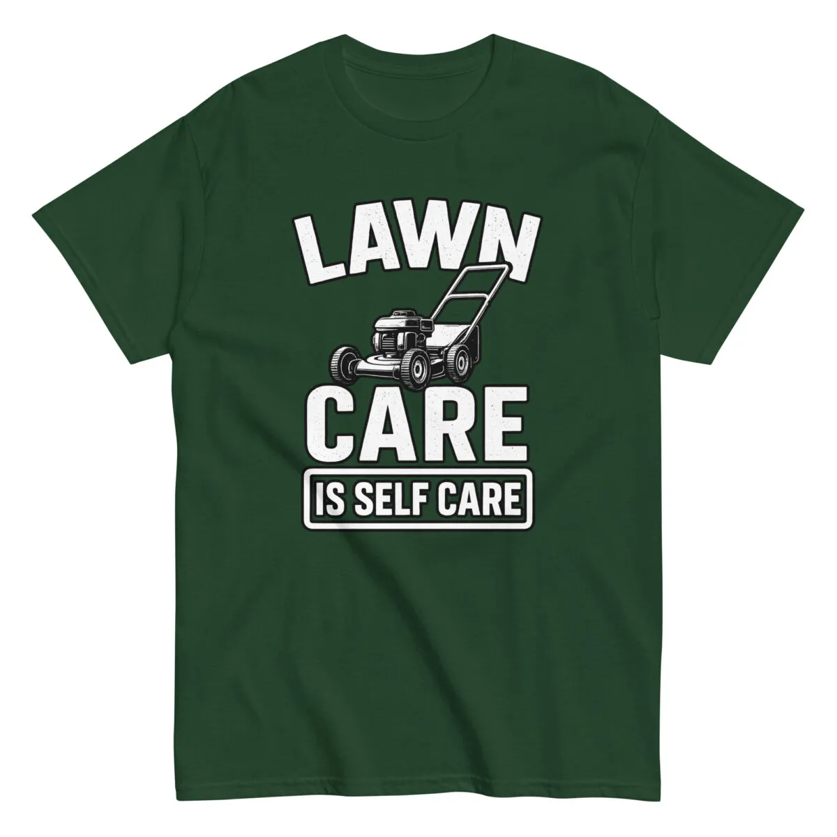 Green t-shirt with lawn care message and lawnmower graphic.
