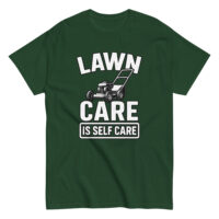 Green t-shirt with lawn care message and lawnmower graphic.