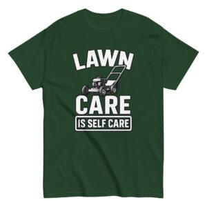 Green t-shirt with lawn care message and lawnmower graphic.