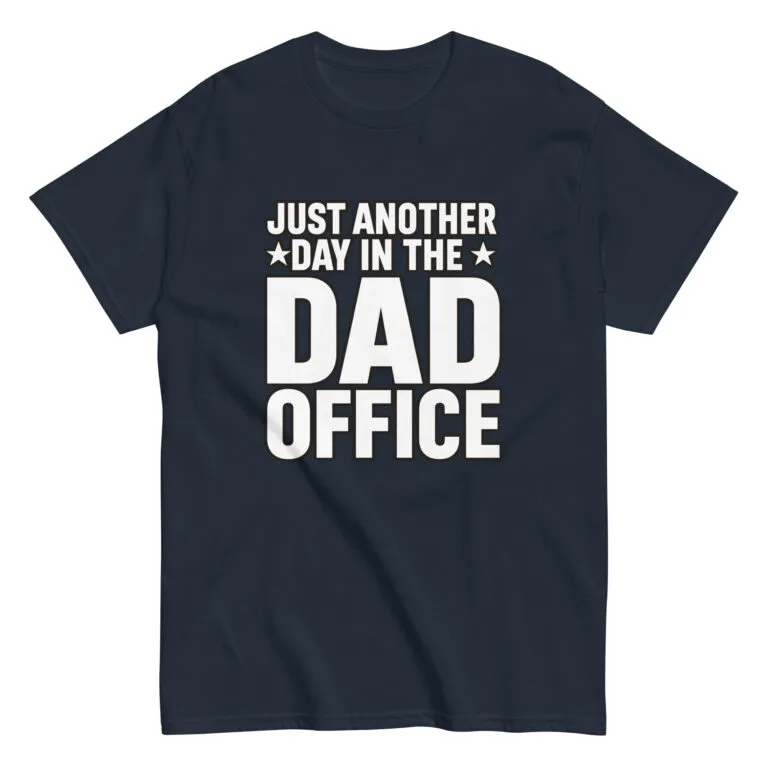 Navy t-shirt with 'Dad Office' slogan.