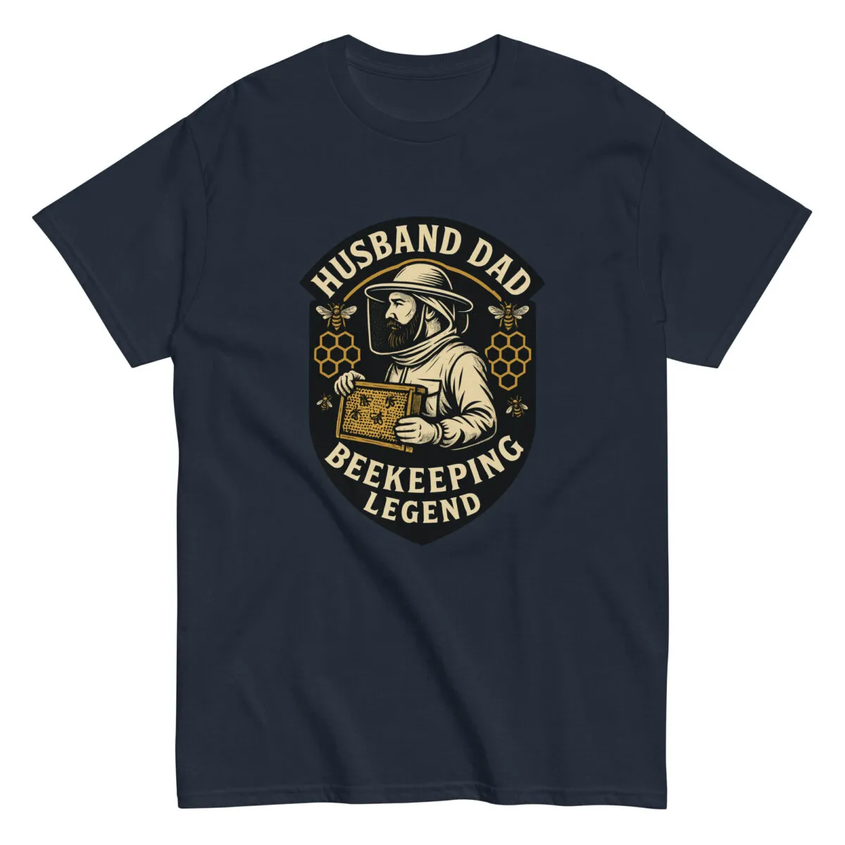 Shirt with beekeeping design and text graphic.