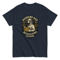 Shirt with beekeeping design and text graphic.