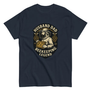 Shirt with beekeeping design and text graphic.