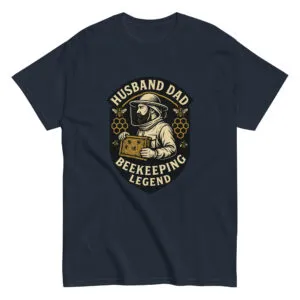 Shirt with beekeeping design and text graphic.