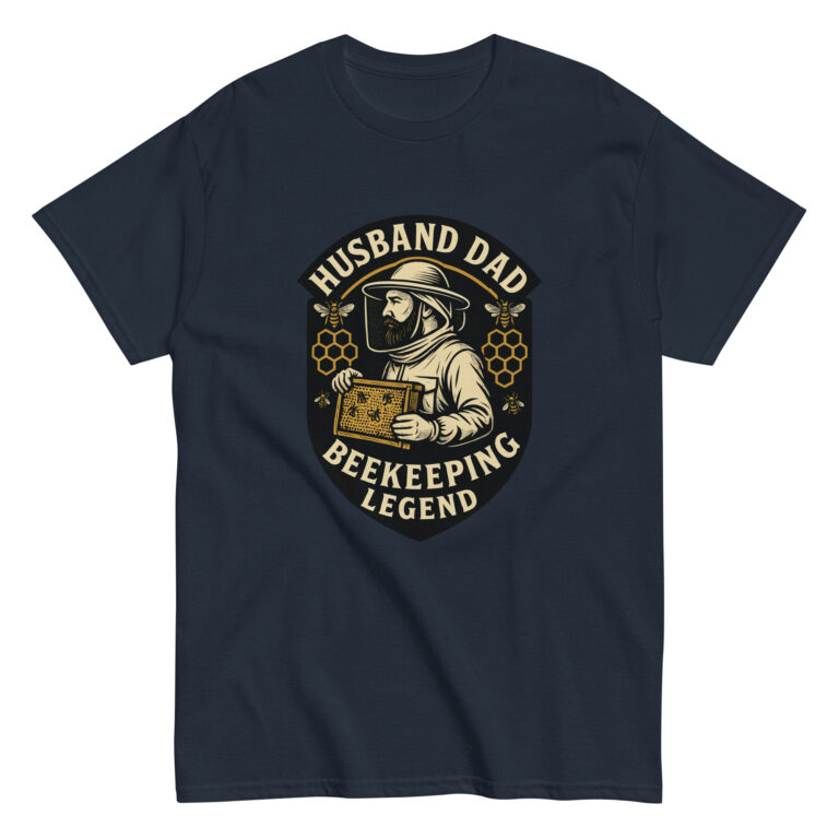 Shirt with beekeeping design and text graphic.
