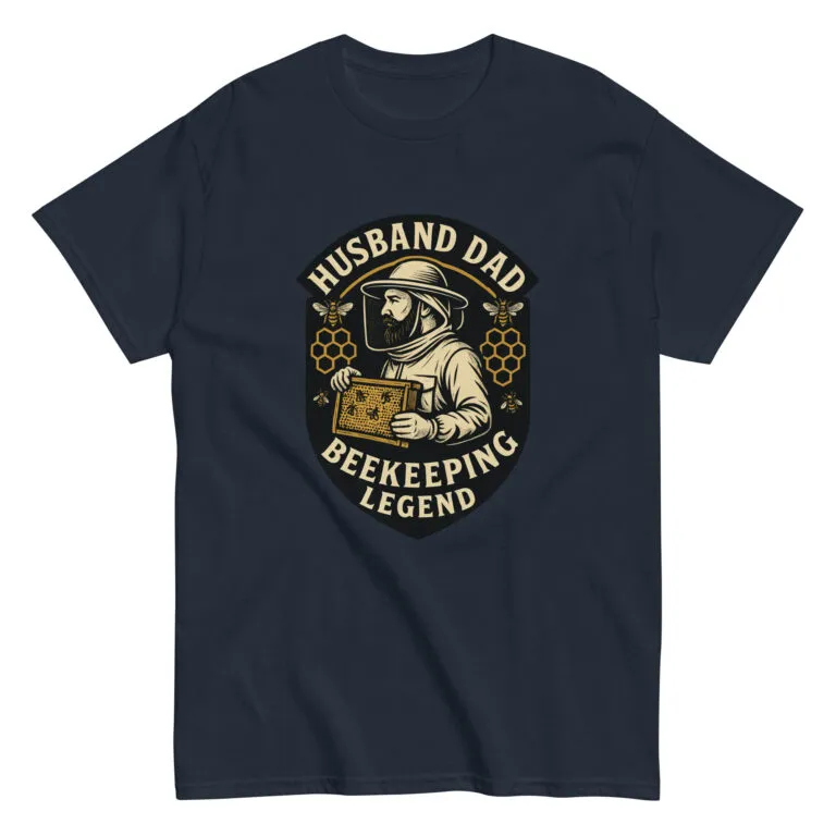 Shirt with beekeeping design and text graphic.