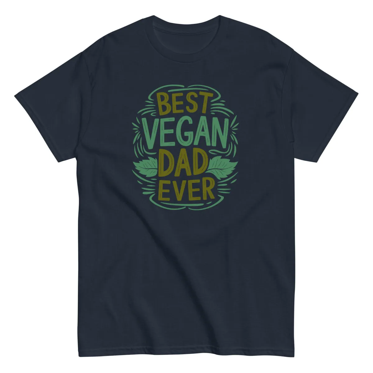 Navy t-shirt with 'Best Vegan Dad Ever' design.