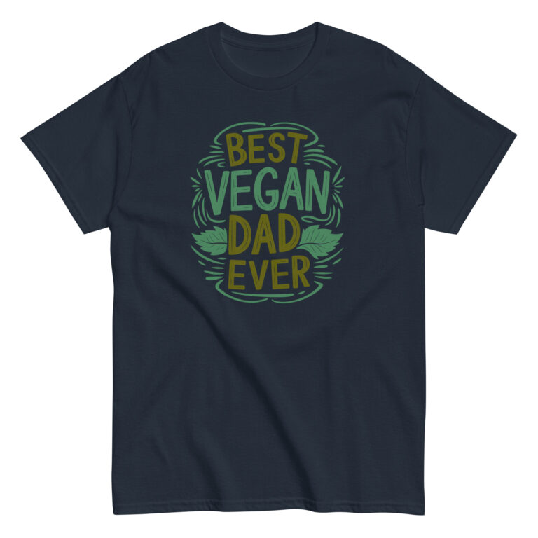 Navy t-shirt with 'Best Vegan Dad Ever' design.