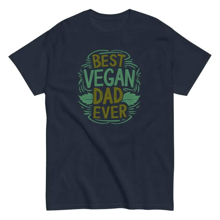 Navy t-shirt with 'Best Vegan Dad Ever' design.