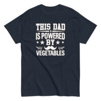 Black T-shirt with 'Powered by Vegetables' design.