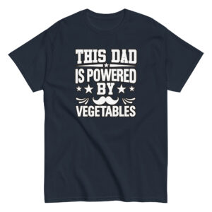 Black T-shirt with 'Powered by Vegetables' design.