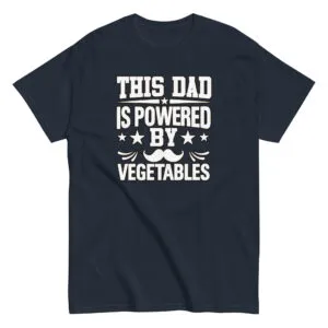 Black T-shirt with 'Powered by Vegetables' design.