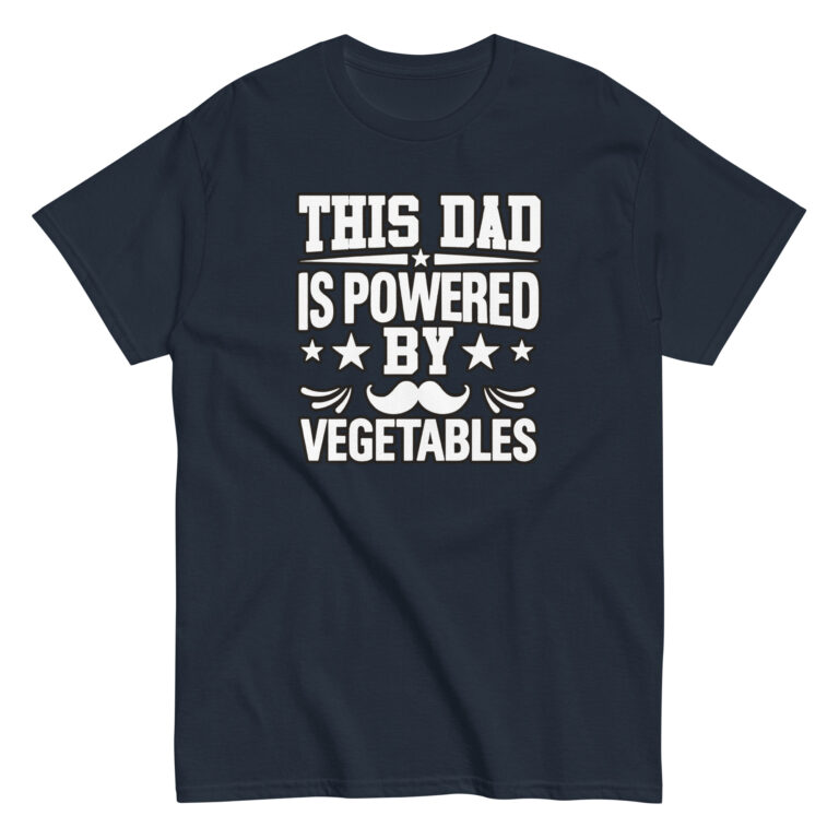 Black T-shirt with 'Powered by Vegetables' design.