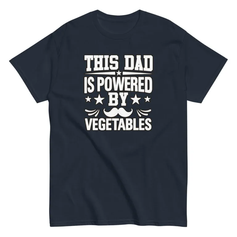 Black T-shirt with 'Powered by Vegetables' design.