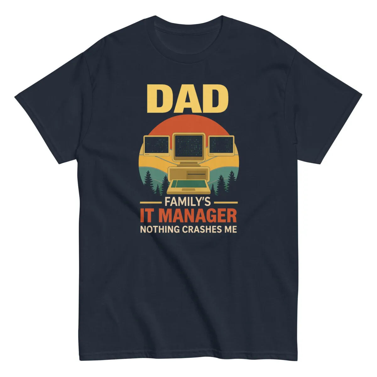 Dad IT manager graphic t-shirt with computers and text.