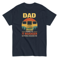 Dad IT manager graphic t-shirt with computers and text.