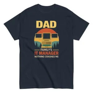 Dad IT manager graphic t-shirt with computers and text.