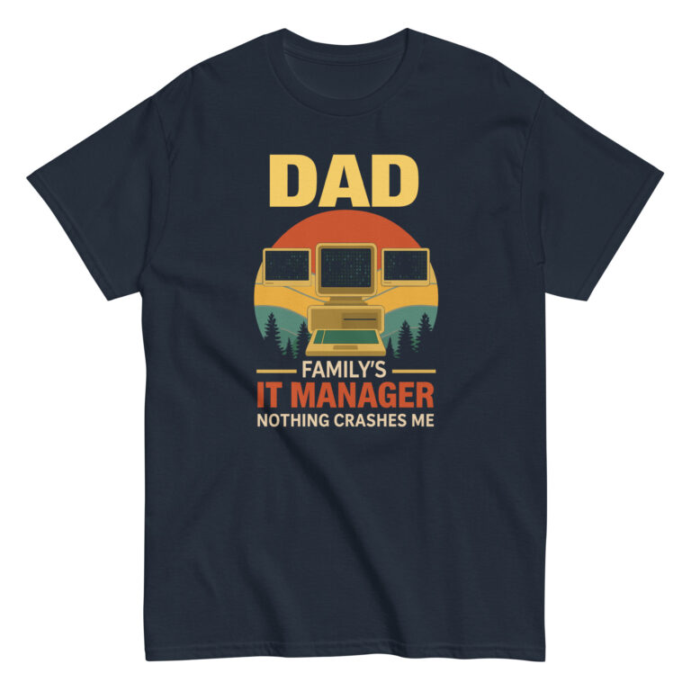 Dad IT manager graphic t-shirt with computers and text.