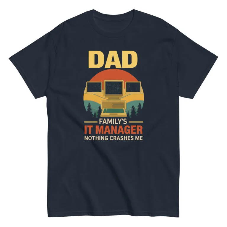 Dad IT manager graphic t-shirt with computers and text.