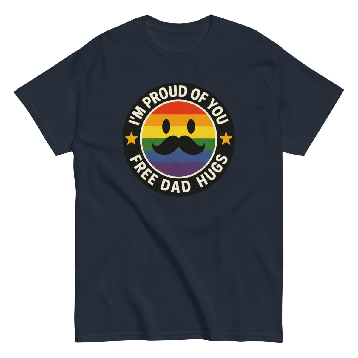 Pride t-shirt with mustache rainbow design.