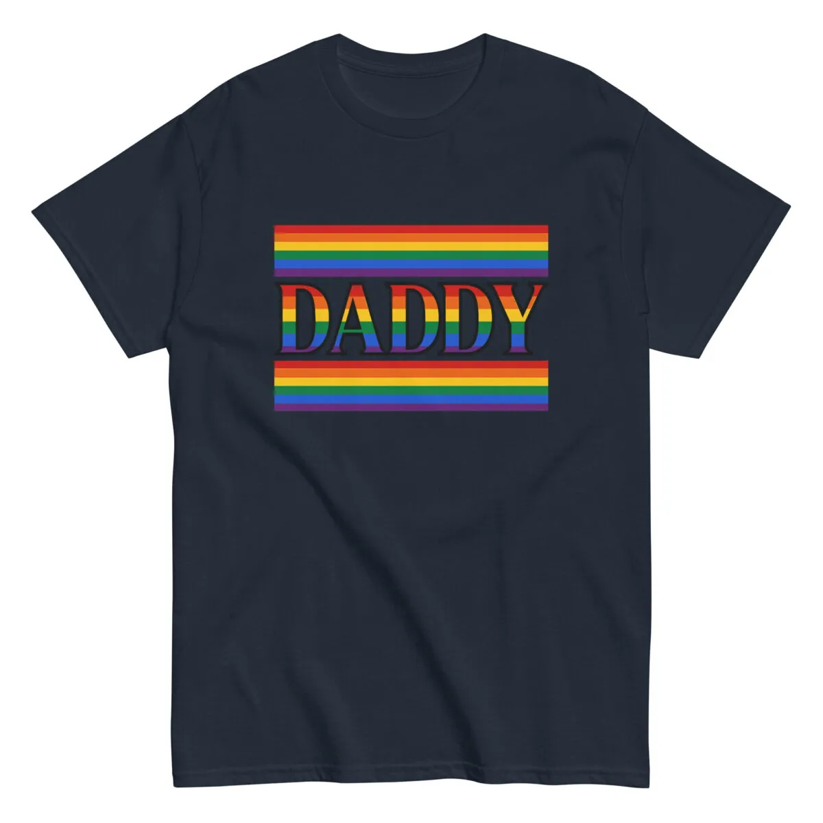 Navy T-shirt with rainbow 'Daddy' text design.