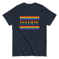 Navy T-shirt with rainbow 'Daddy' text design.