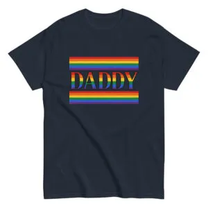 Navy T-shirt with rainbow 'Daddy' text design.