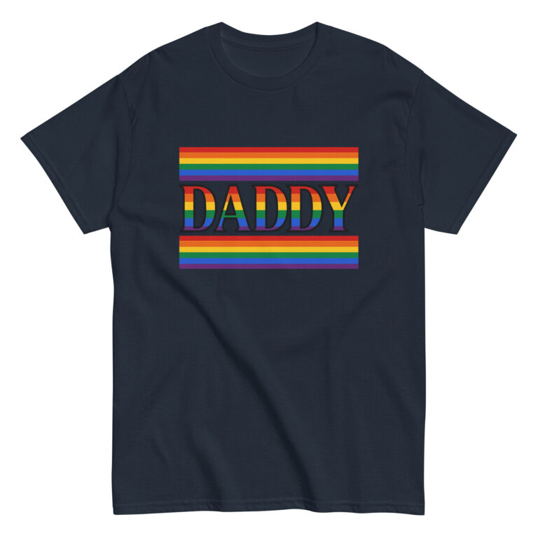 Navy T-shirt with rainbow 'Daddy' text design.