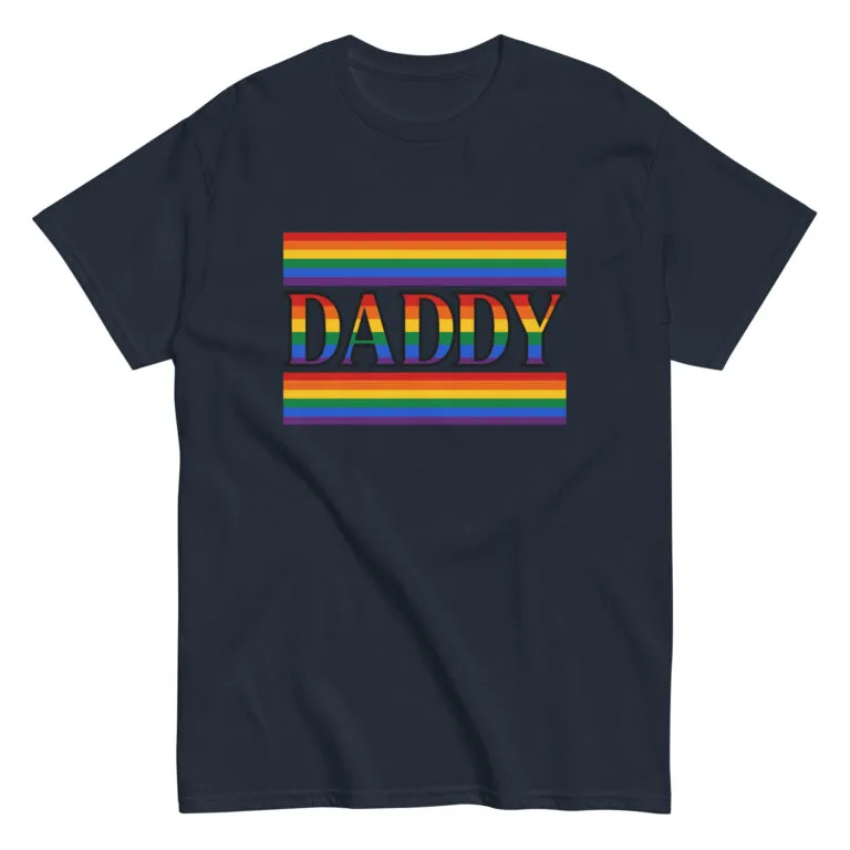 Navy T-shirt with rainbow 'Daddy' text design.
