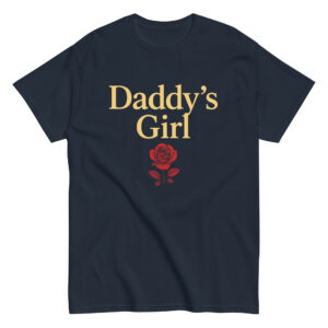 Navy T-shirt, 'Daddy's Girl' with red rose graphic.