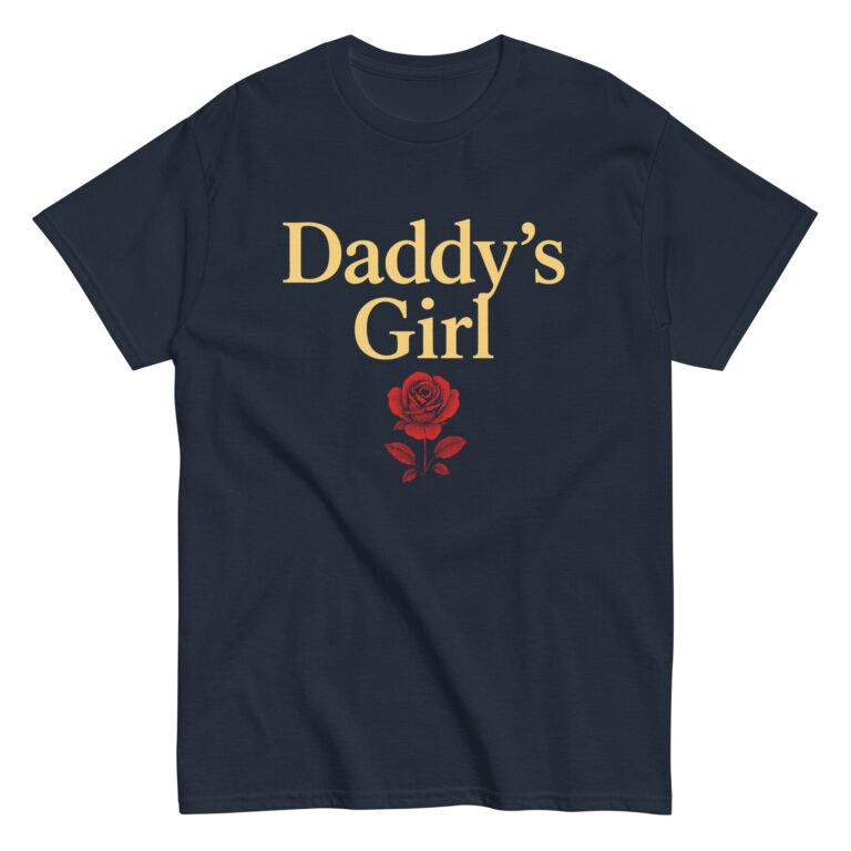 Navy T-shirt, 'Daddy's Girl' with red rose graphic.