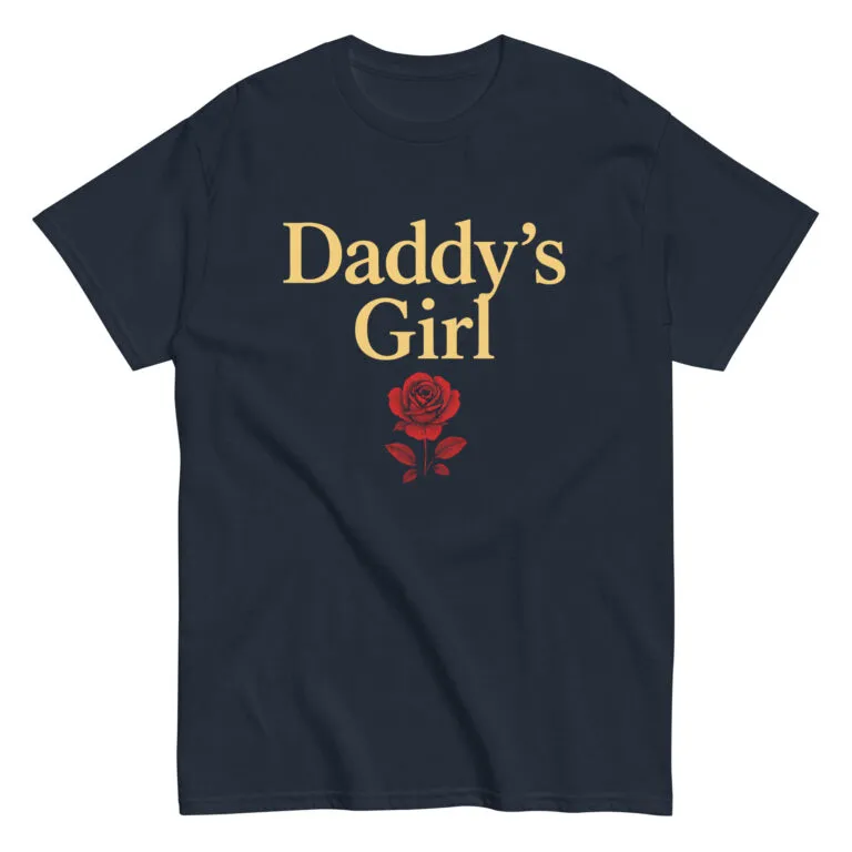 Navy T-shirt, 'Daddy's Girl' with red rose graphic.