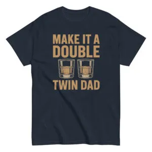 Navy shirt with 'Make It A Double' text, glasses.