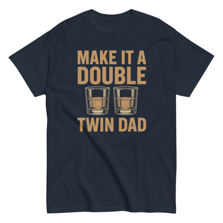 Navy shirt with 'Make It A Double' text, glasses.