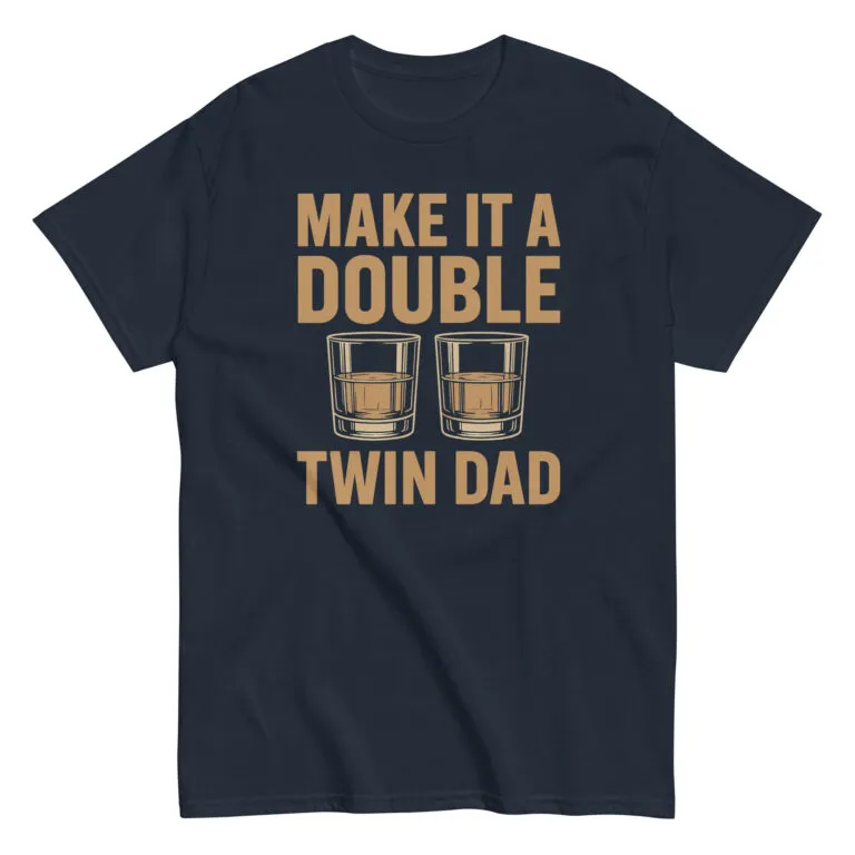 Navy shirt with 'Make It A Double' text, glasses.