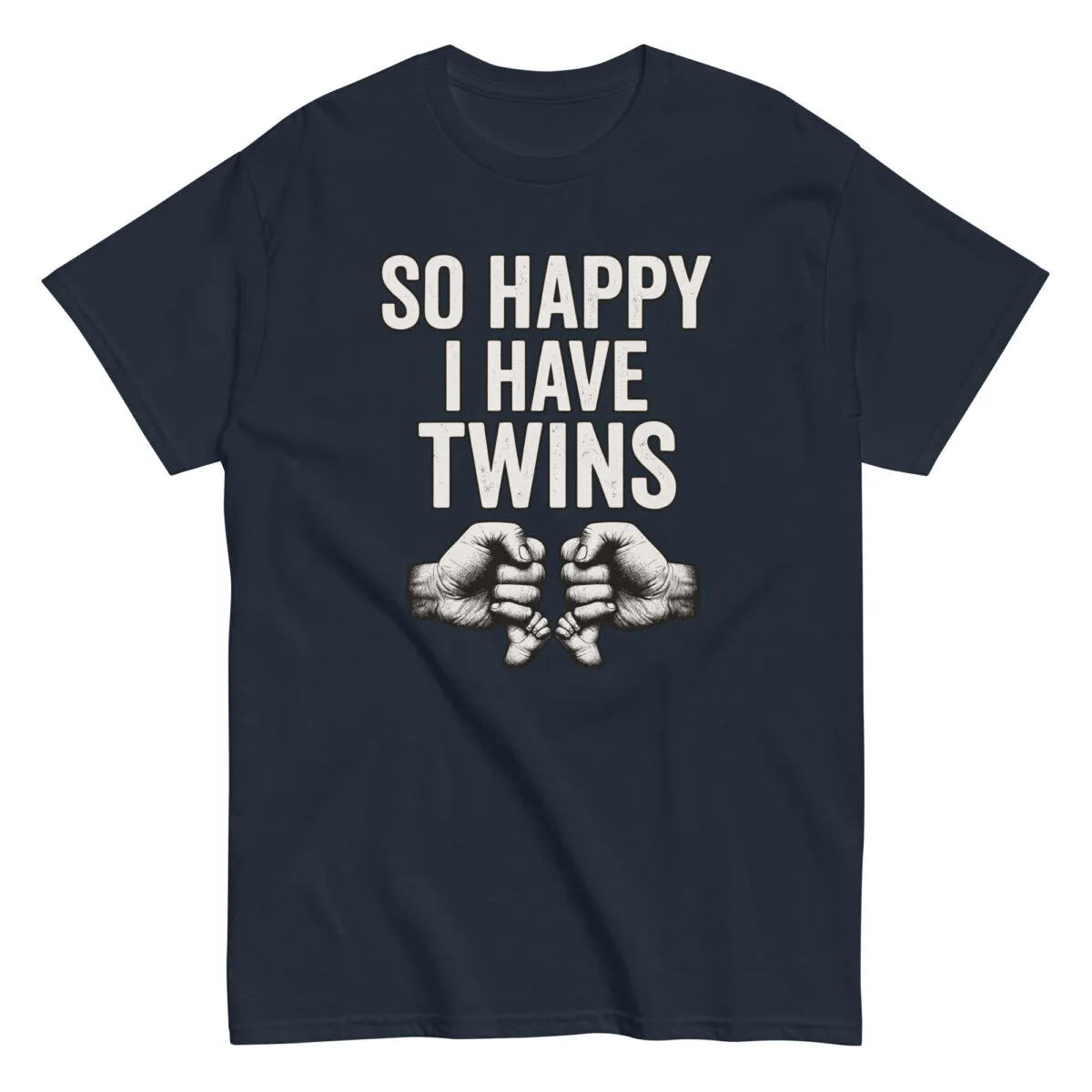 T-shirt with 'So Happy I Have Twins' message.