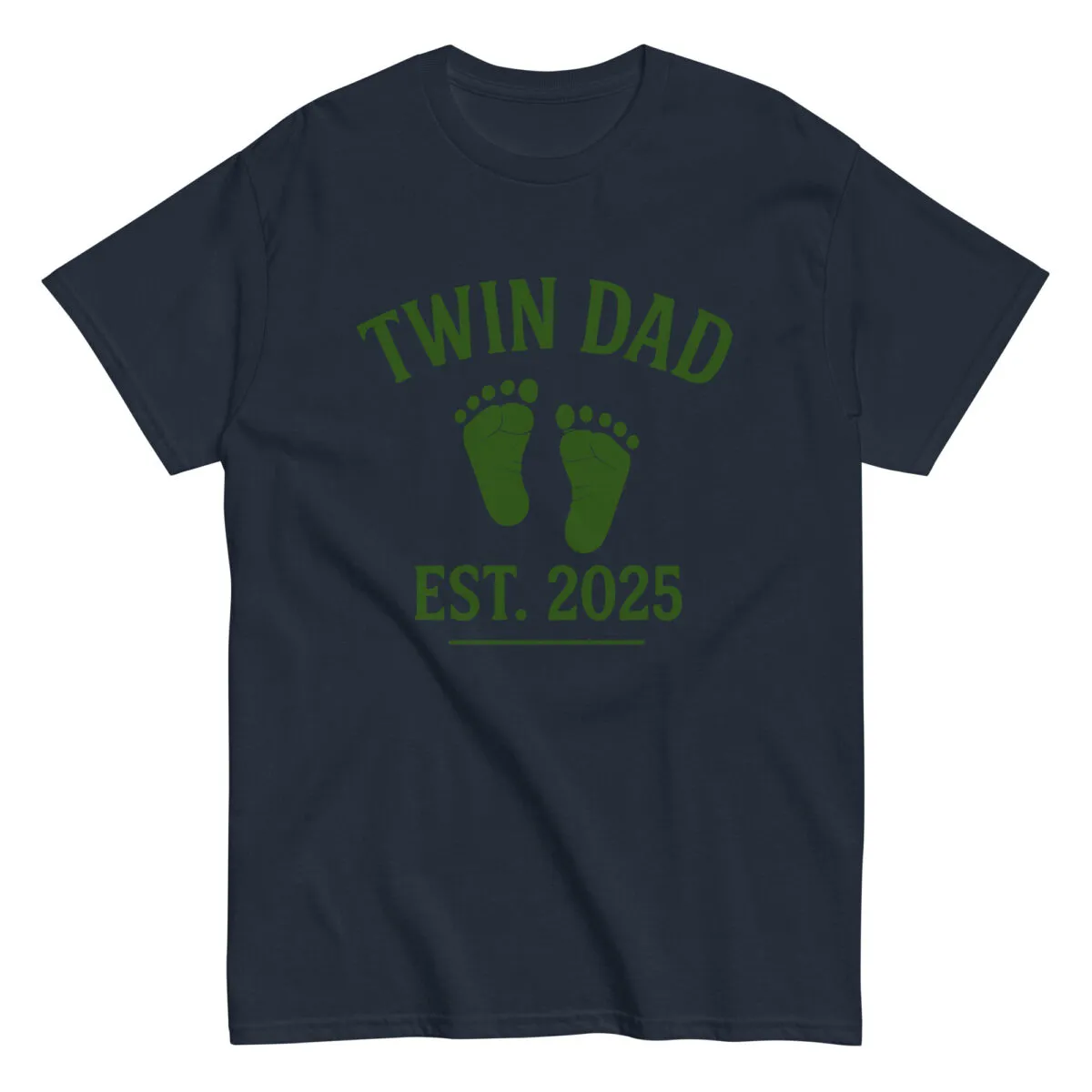 Twin Dad Est. 2025 t-shirt with footprints design.