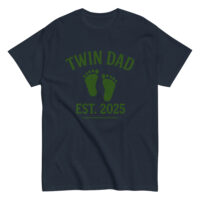 Twin Dad Est. 2025 t-shirt with footprints design.