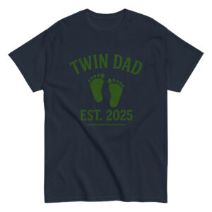 Twin Dad Est. 2025 t-shirt with footprints design.