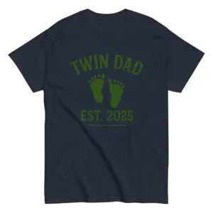 Twin Dad Est. 2025 t-shirt with footprints design.