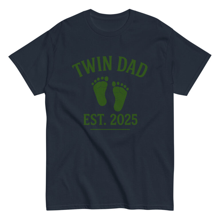 Twin Dad Est. 2025 t-shirt with footprints design.