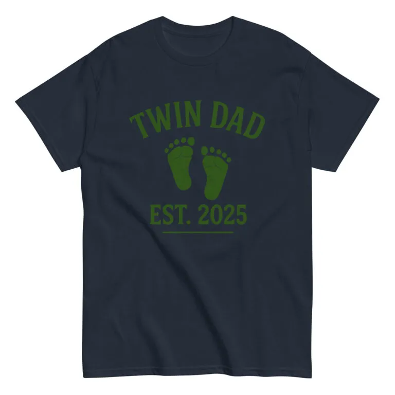 Twin Dad Est. 2025 t-shirt with footprints design.