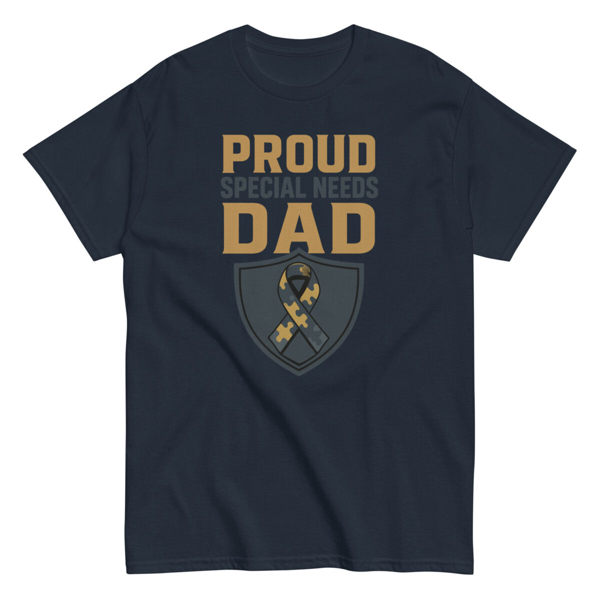 Navy T-shirt with 'Proud Special Needs Dad' design.